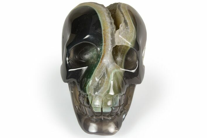 Polished Banded Agate Skull with Quartz Crystal Pocket #237009